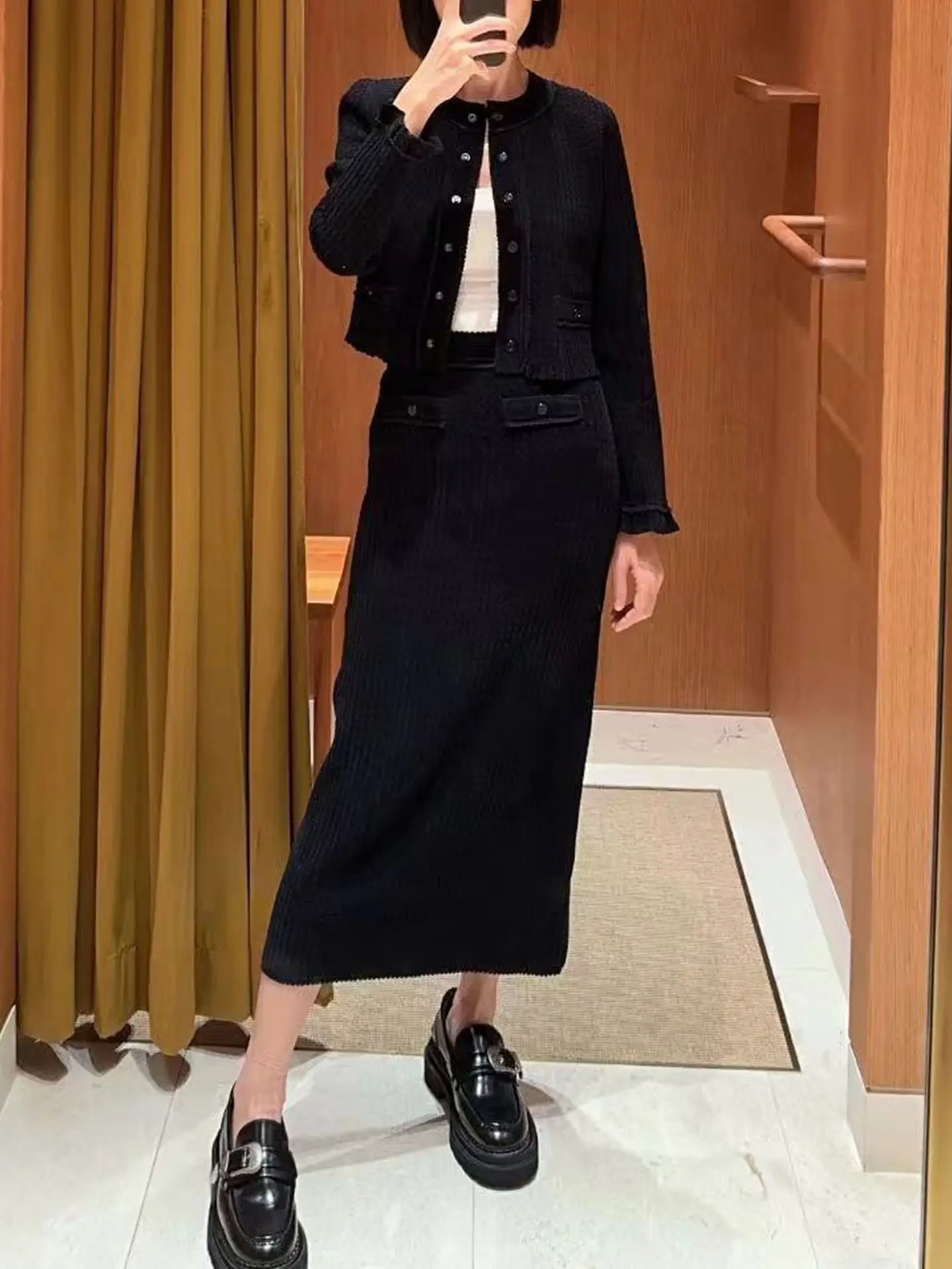 

Women's black new two piece suit long sleeve single breasted elegant cardigan or midi fashion skirt
