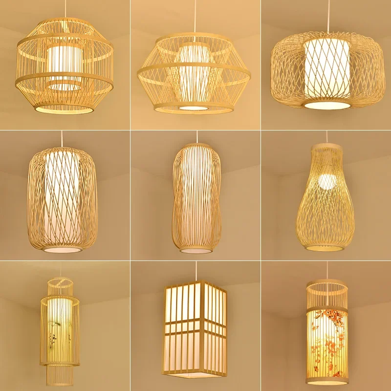 Bamboo Pendant Lamp Hand Knitted Chinese Style Weaving Hanging Lamps 36/38cm Restaurant Home Decor Lighting Fixtures