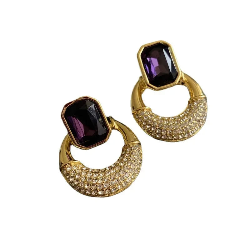 

VKVVA Fashion Jewelry Vintage Full Rhinestone Inlay Geometric Rhinestone Purple Crystal Stud Earrings,Elegant Balmain Style