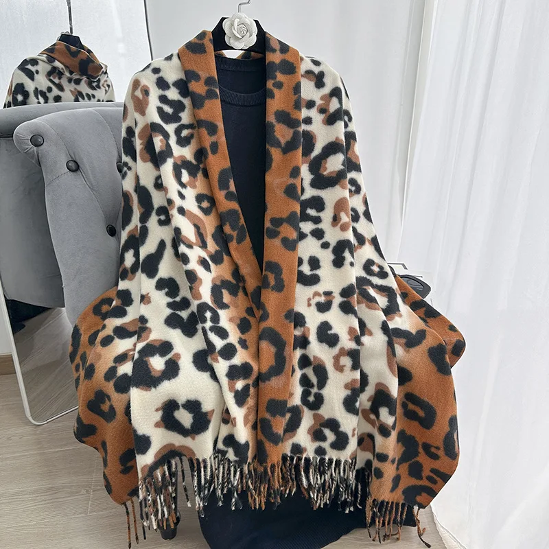 

2025 Leopard Faux Cashmere Scarf Women - Winter Warm Shawl Wrap, European & American Style Hijab & Ultra Soft Hair Accessory