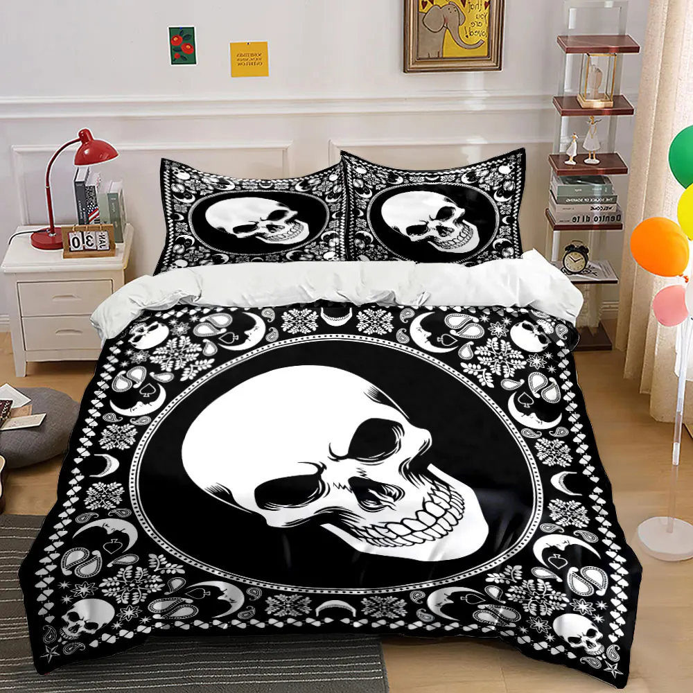 

Skull and Moon Black-White Pattern Duvet Cover Set with 3D Printing Design Soft Polyester Bedding Set All-Season Comfort