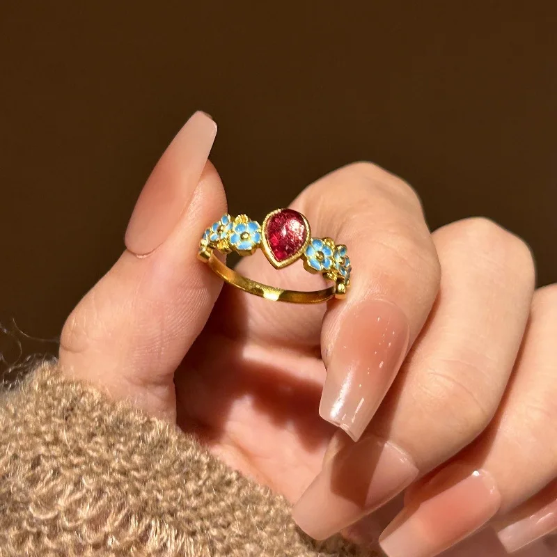 

Retro Chinese Floral Enamel Waterdrop Ruby Ring Personali Exquisite High-End Design Court Sle Finger Ring Faion Jewelry