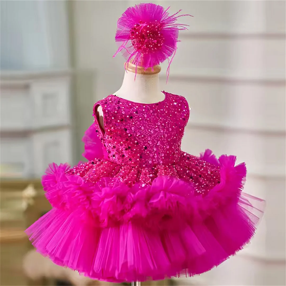 2025 New sequins without sleeve high -end puffed skirt Luxury girl birthday party dress girl elegant Christmas evening dress