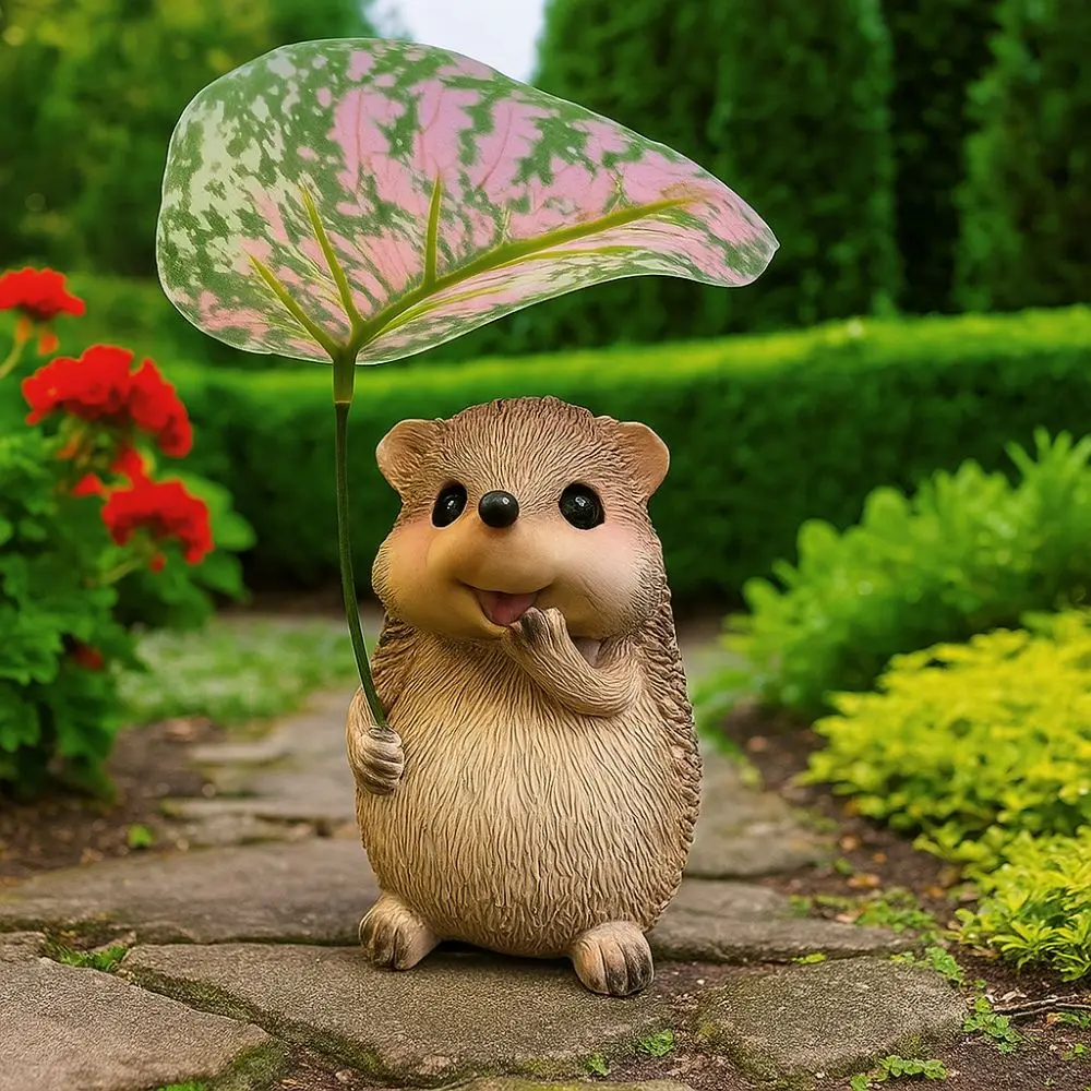 

Cute Leaf Umbrella Hedgehog Figurine Weatherproof Resin Garden Hedgehog Statue Handmade Small Hedgehog Sculpture