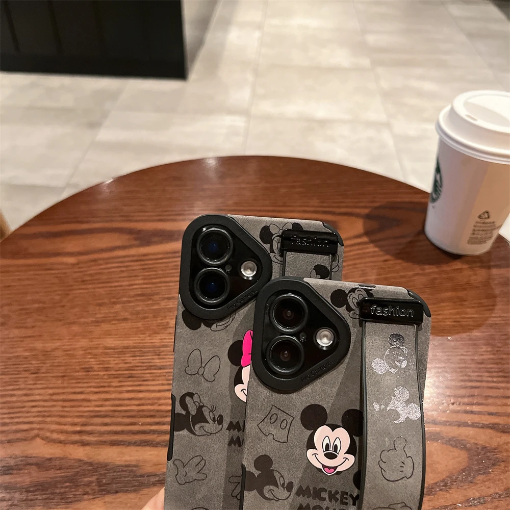 Funda de cuero con soporte para correa de muñeca de Mickey Minnie Mouse de Disney para iPhone 16 Pro Max 15 14 Plus 13 12 11 Pro XS Max XR