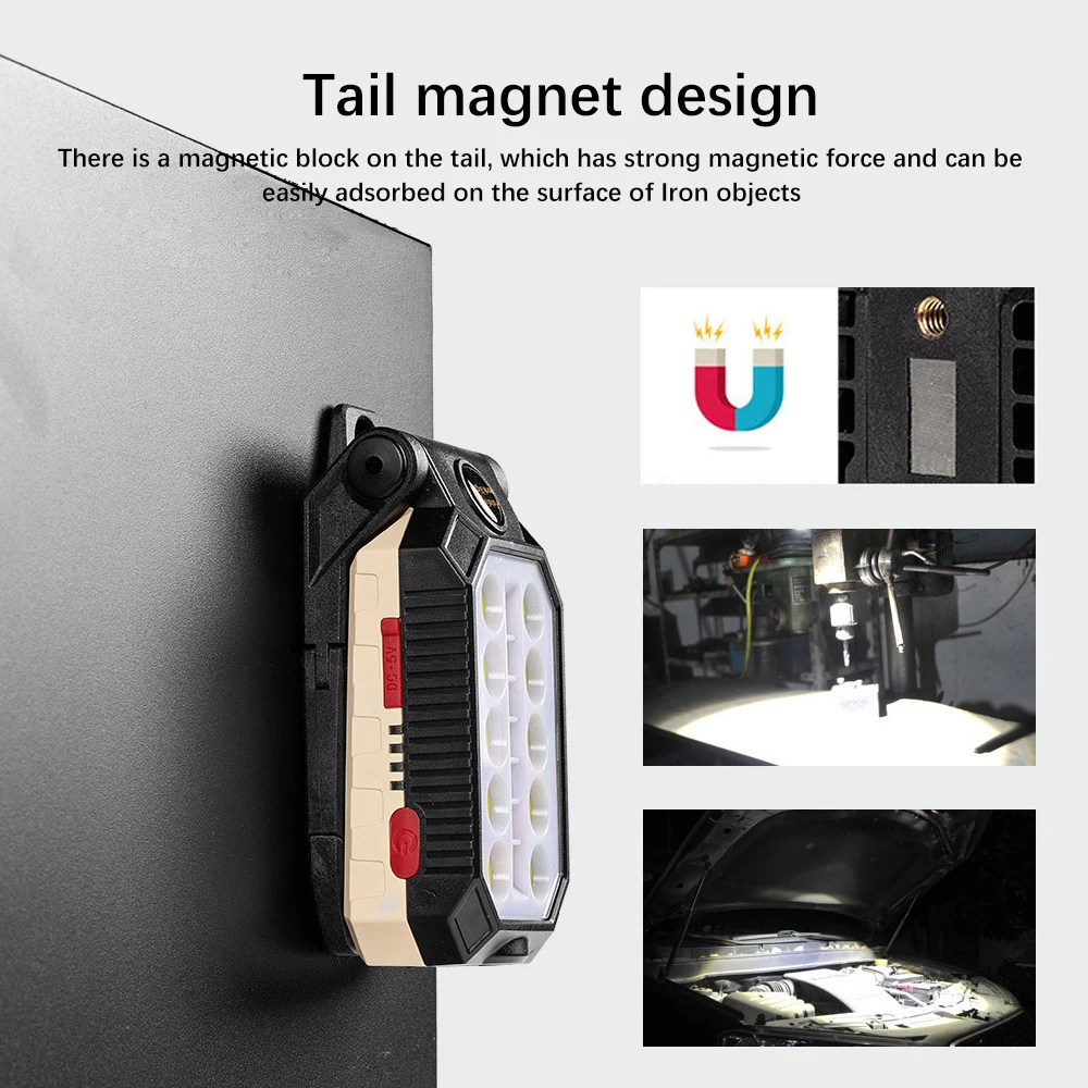 Potente luz de trabajo COB, linterna LED recargable, diseño de imán de linterna de Camping a prueba de agua ajustable con pantalla de energía