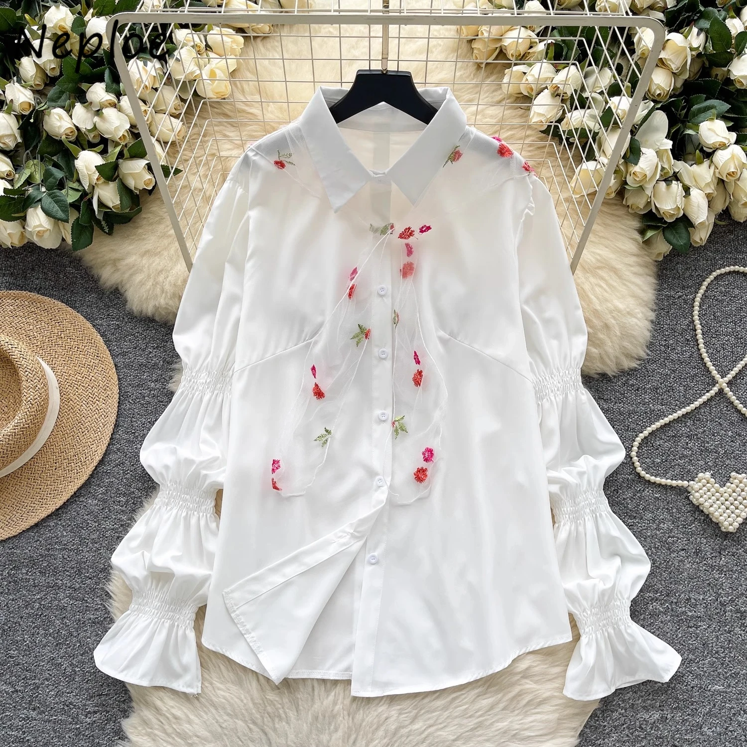

Neploe Sweet All-match French Style Solid Crop Top Long Sleeve Embroidery Loose Print Shawl Elegant Flare Sleeve Women Clothing