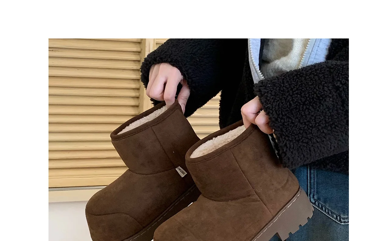 Neue Damen-Schneestiefel mit niedrigem Absatz, Markenschuhe, Winter-Knöchelstiefel zum Überziehen, warme Plüschschuhe für Damen, luxuriöse Damenmode, breite Stiefeletten – Detail 20