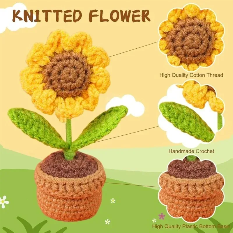 Maceta tejida a mano, regalos de ganchillo para el hogar, oficina, adornos de escritorio, flores de ganchillo, flores en maceta de girasol, pequeña flor Artificial