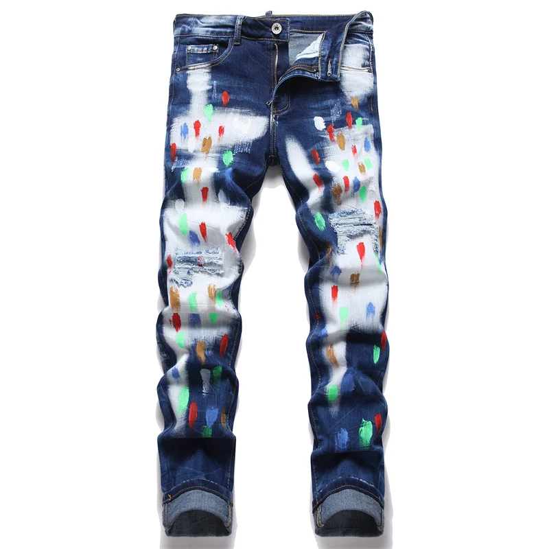 

Personalized Paint Printing Design Trendy Jeans Men's Slim Stretch Street Fashion and Handsome Water Washed Hole Trousers