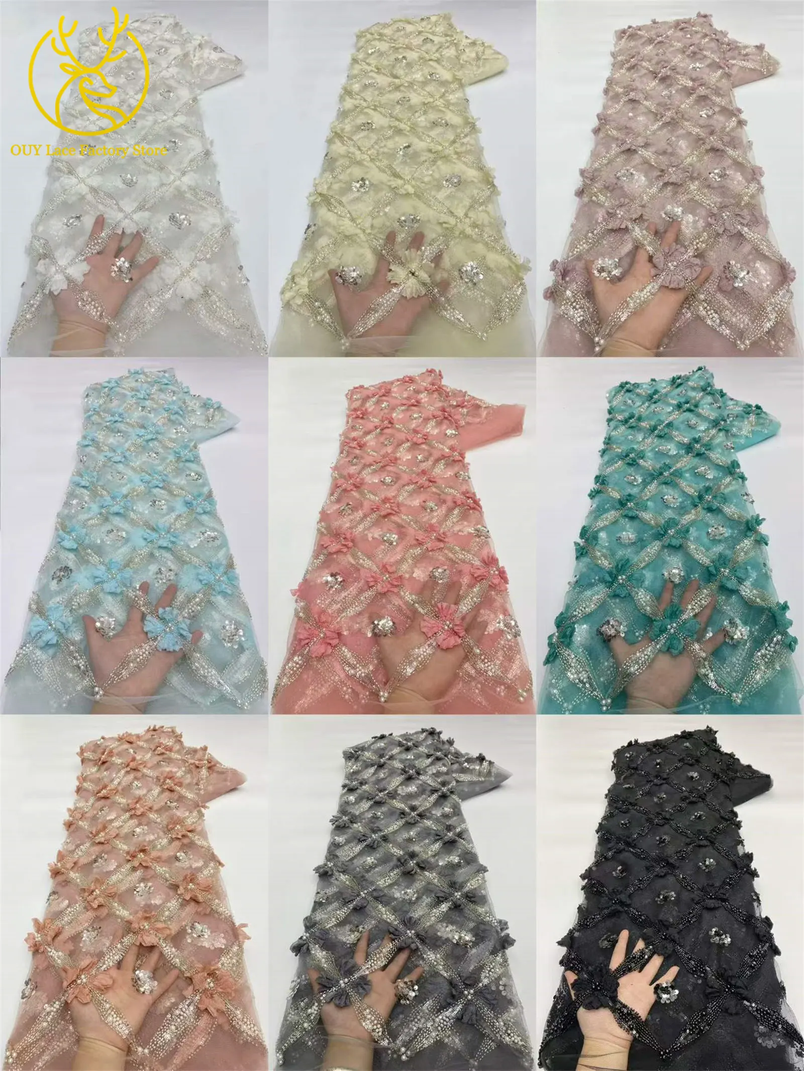 Eleganter, modischer nigerianischer 3D-Tüll-Pailletten-Spitzenstoff, hochwertiger afrikanischer Perlen-Spitzenstoff zum Nähen von Hochzeitskleidern, 5 Yards – Detail 20