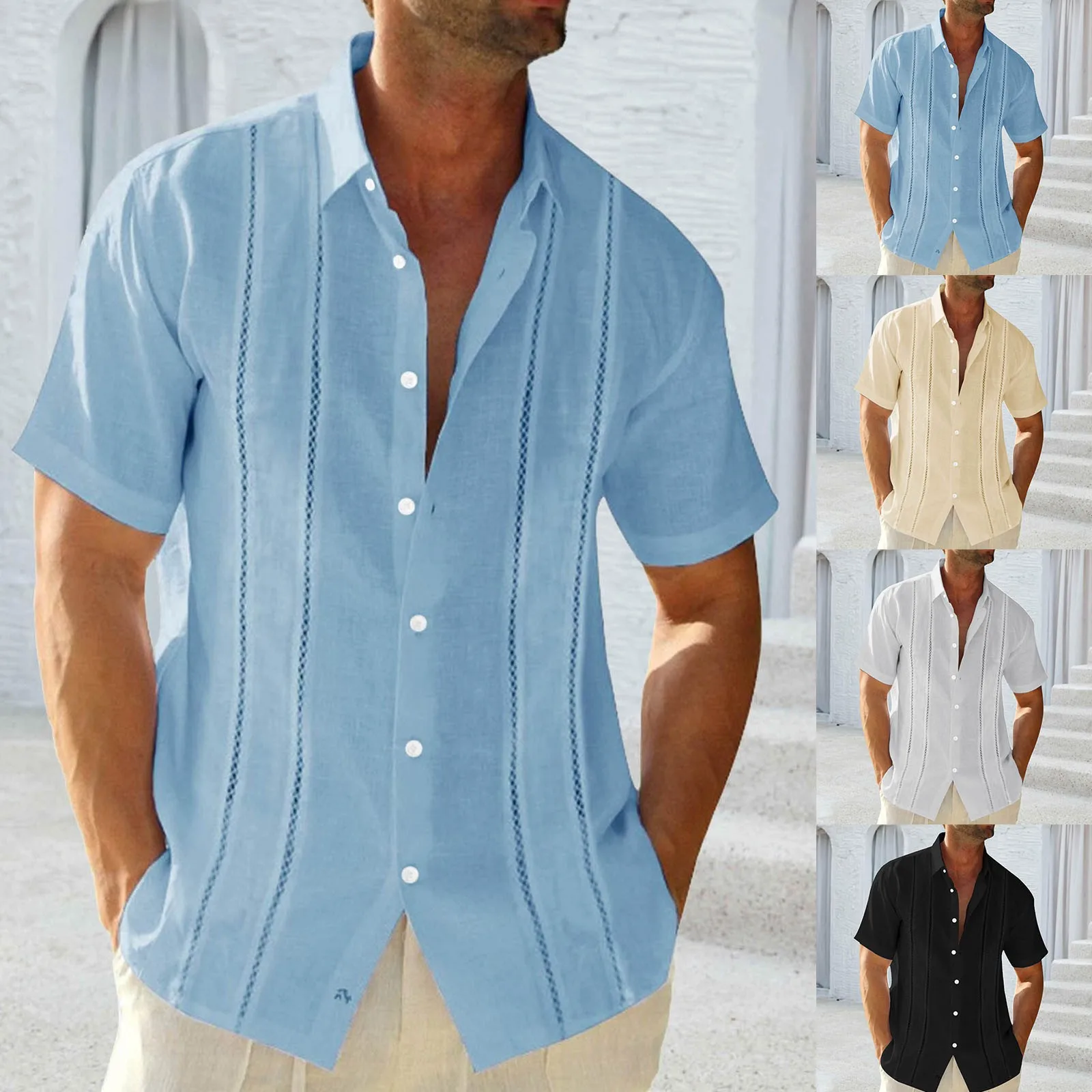 

2024 Summer Fashion Shirts New Men's Hawaii Beach Linen Short Sleeve Shirt Solid Men's High Quality Street Top ropa hombre