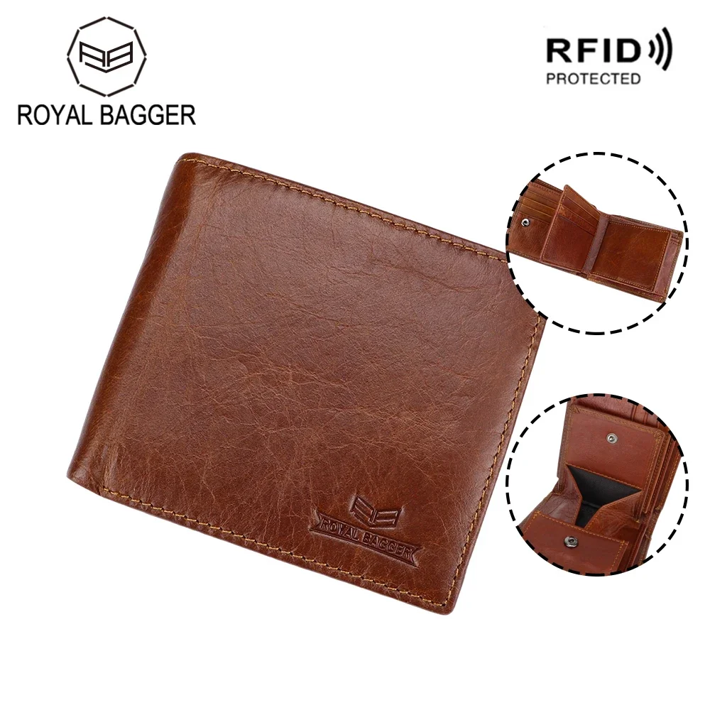 

Royal Bagger RFID Blocking Short Wallets Genuine Cow Leather Vintage Coin Purse Large Capacity Male Card Holder 1471