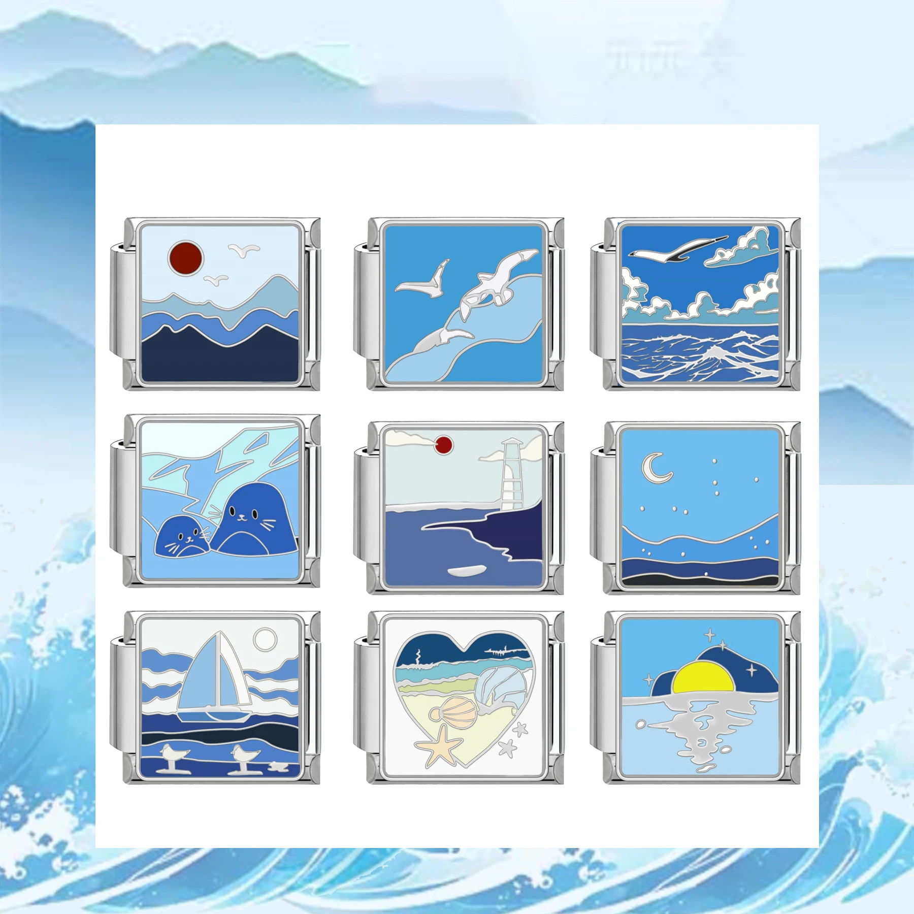1pc Coast Sailing Seagull Moon Blue Landscape Series Pendant Bead Stainless Steel Module DIY Italian Splice Style Bracelet Ring