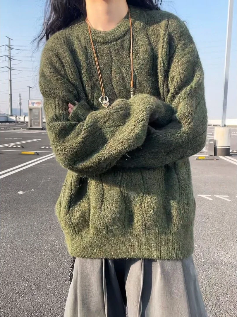 

American Sle Heavyweight round Ne Knitted Sweater Men's Autumn Winter Warm Simple Overhead Trendy Texture Men's Knitwear