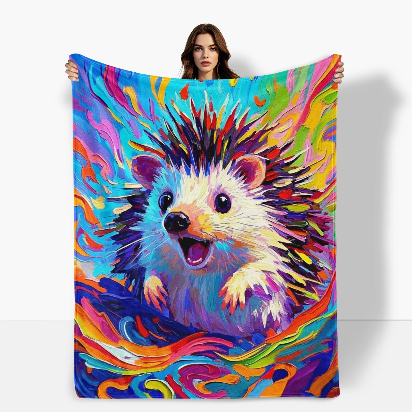 Colorful Oil Painting Hedgehog With Line Art Blanket For Home Decor And Unique Style Statement Aesthetic Enhancement