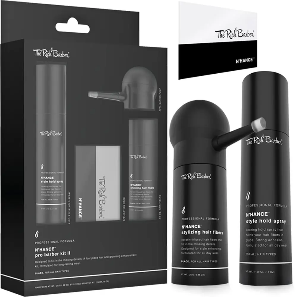 

4-in-1 Hair & Beard Styling Kit with Keratin Fibers, Hold Spray, Applicator, and Card - Enhancer for Hairline & Edges