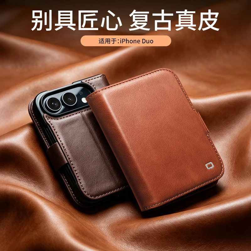 QIALINO 100% Premium Real Cowhide Phone Case for Apple iPhone Duo - Natural Genuine Flip Leather Wallet Cover