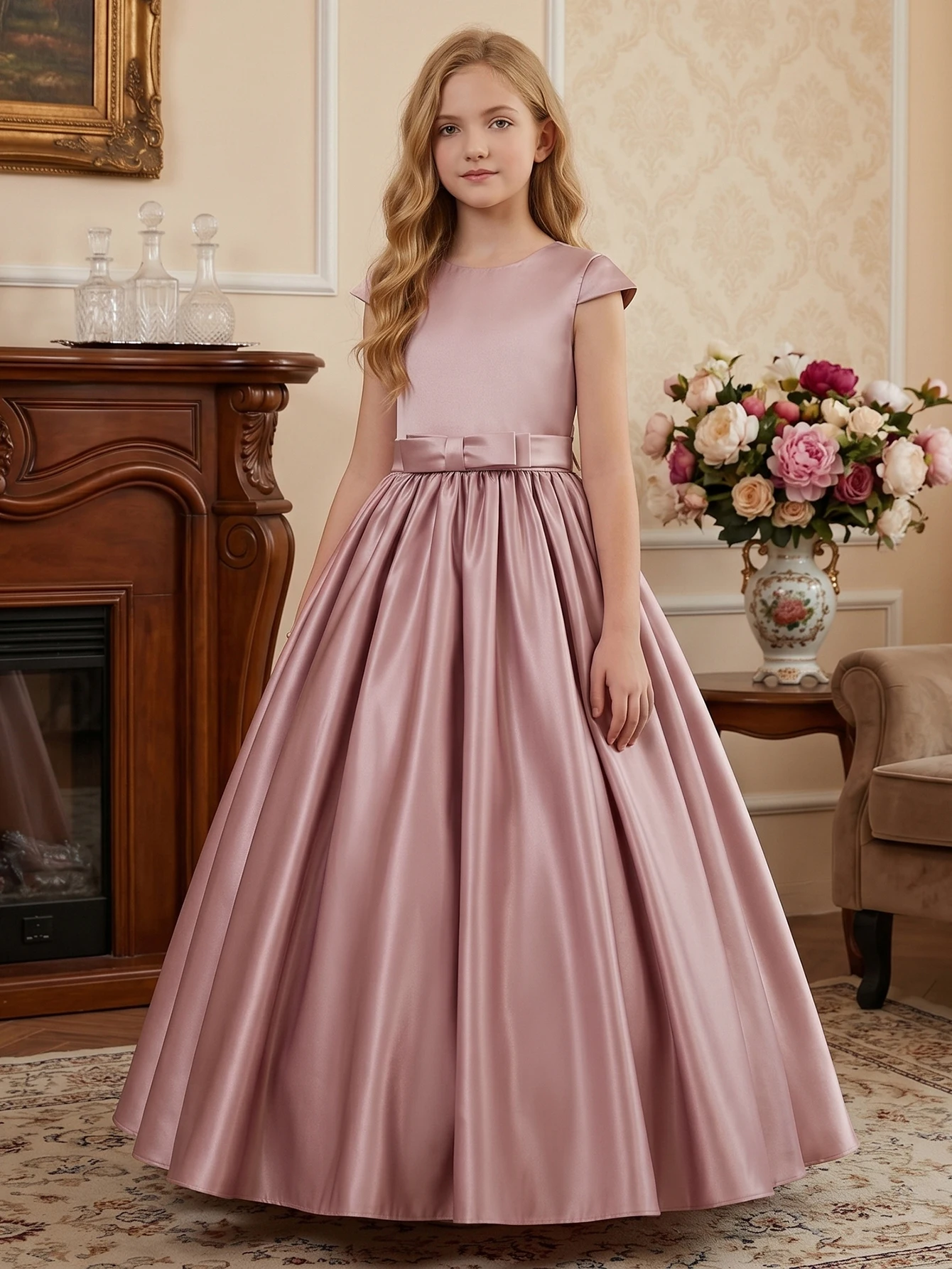 Vestidos Largos Rosa Polvoriento para Adolescentes, para Fiestas de Cumpleaños, Actuaciones y Eventos de Gala, Vestidos de Dama de Honor y Niña de las Flores para Bodas