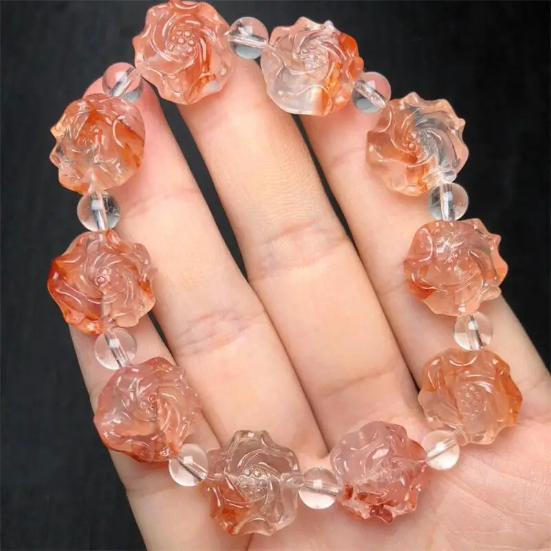 Natural Red Fire Quartz Hematoid Peony Flower Carving Bracelet Handmade Crystal Healing Jewelry Stretch Bangle Birthday Gift