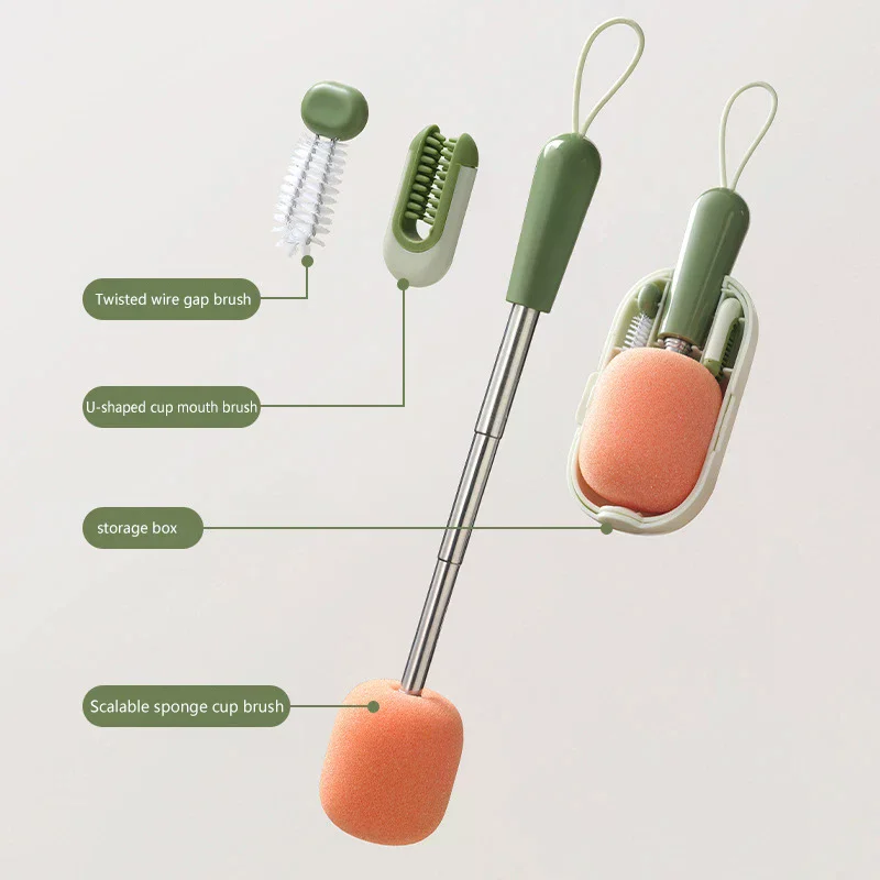 Cepillo para limpiar botellas, cepillo para botellas con mango largo, cepillo para botellas multifuncional 3 en 1 con esponja y cepillo limpiador de huecos para botellas