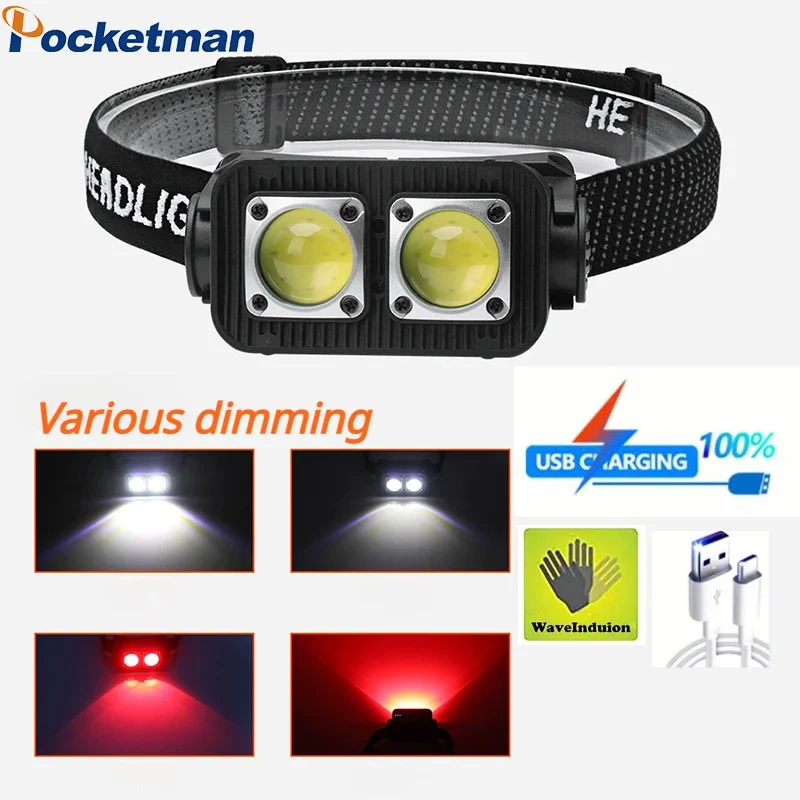 Powerful Smart Motion Sensor COB Headlamp 3 Modes Type-C Rechargeable Headlight Outdoor Waterproof Head Lamp Built-in Battery