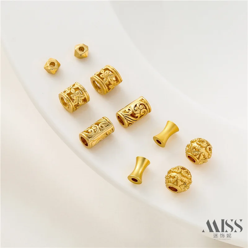 Sand Gold Color Preservation Square Faceted Cylindrical Barrel Beads Small Waist Carved Love Beads DIY Chain Accessories Retro