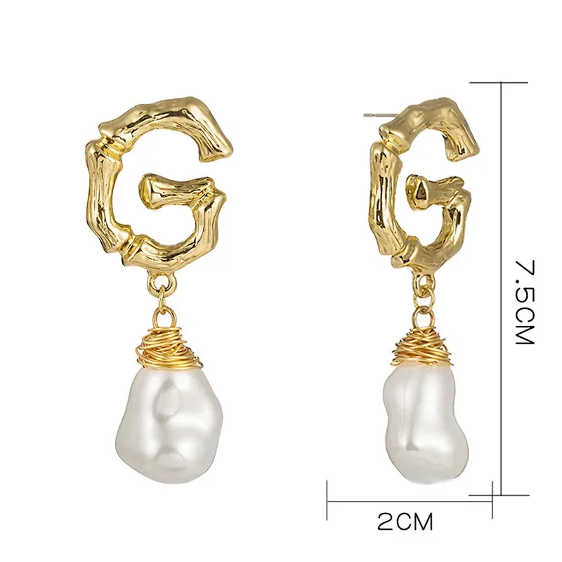 Baroque Irregular Fresh Pearl Drop Earrings Fashion Bohemian Gold Color Letter G Earrings for Women Jewelry Gift