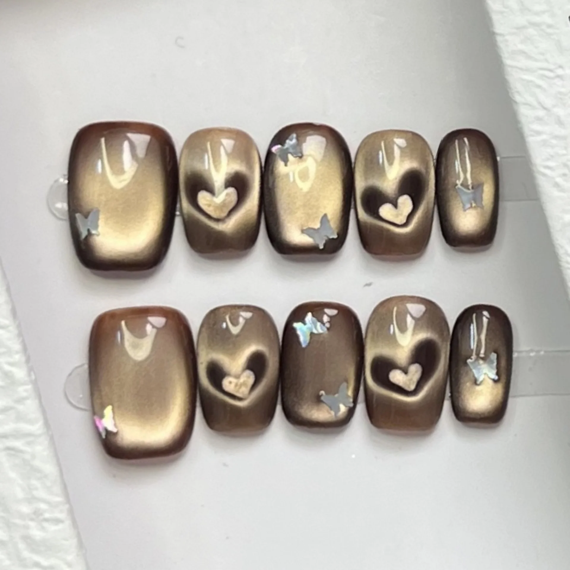

10pcs Wearable Handmade False Nails Sets Short Square Round Fake Nail Tips Gradient Brown Cat's Eye Press on Nails Art Finished