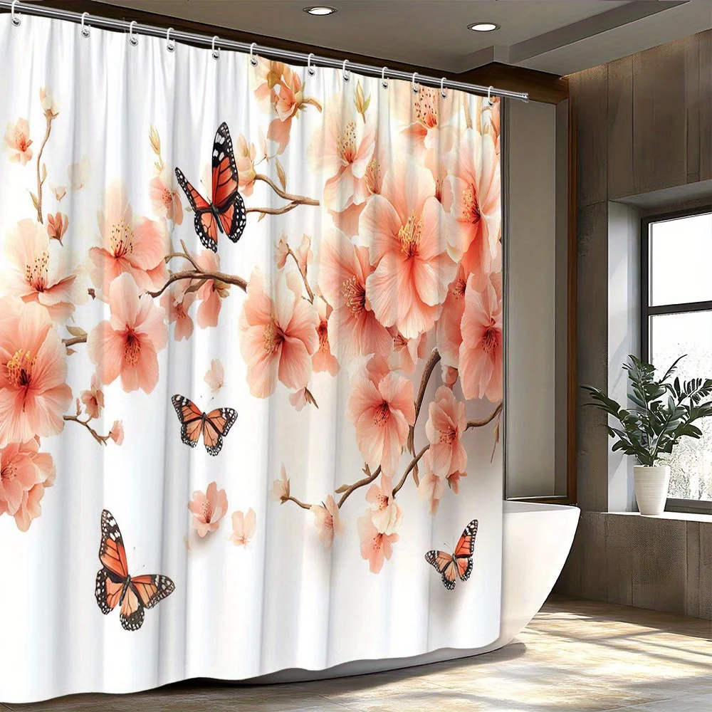 1 cortina de ducha con diseño de mariposa monarca y flor de cerezo, tela de poliéster, lavable a máquina, adecuada para el baño