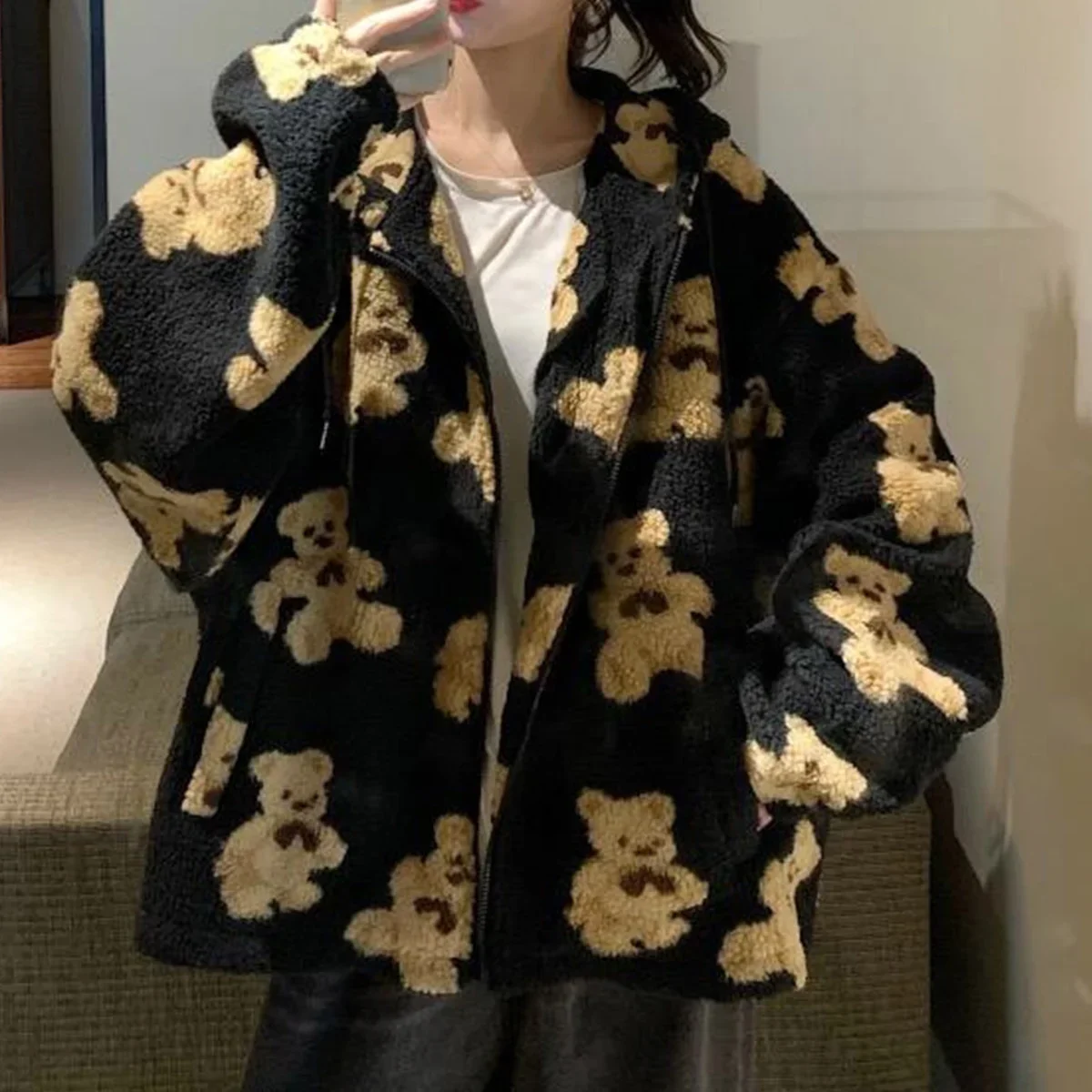 Harajuku heart-shaped printed plush jacket Women Korean version of the bear long-sleeved hooded jacket thickened warm couple str