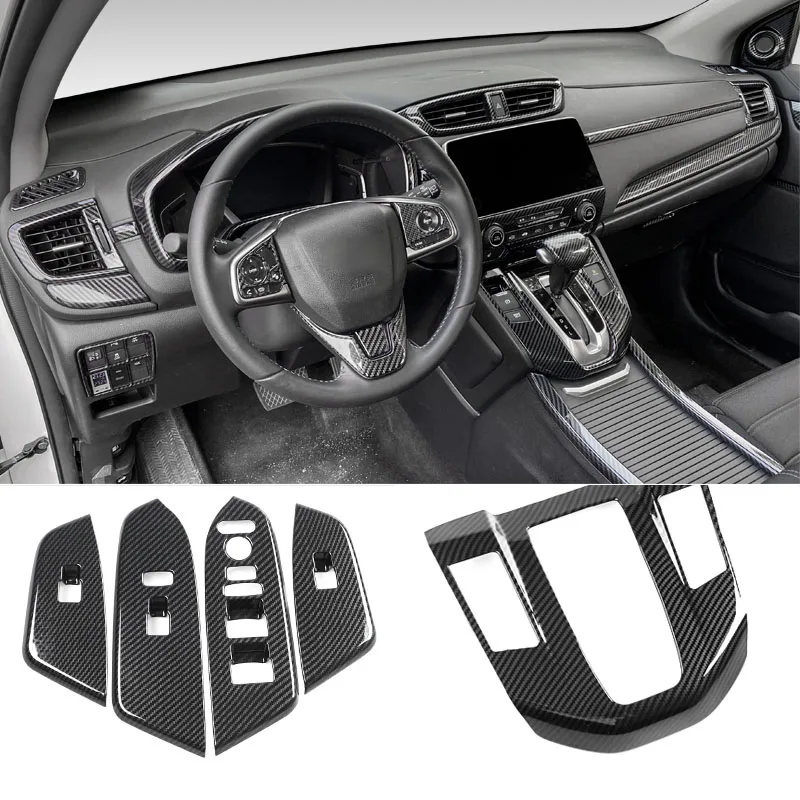 For Honda CRV CR-V 2017 2018 2019-2021 Carbon Fiber Pattern Overlay on Dashboard, Door,Steering Wheel, Gearshift Interior Trim - view 4