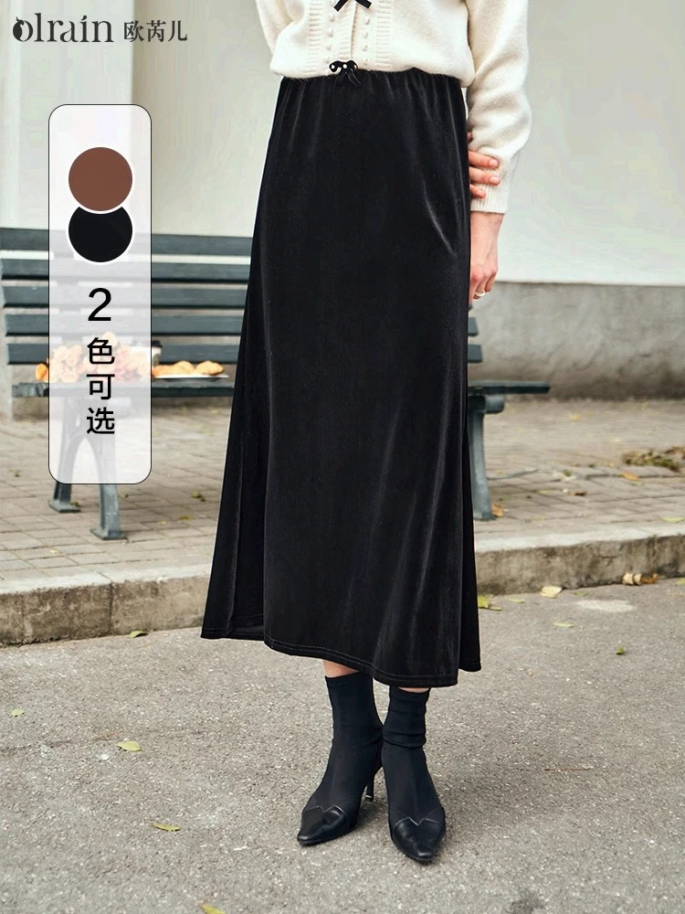 

OLrain Elegant Velvet Midi Skirt Women's Autumn 2025 New High-waisted Slim Fit Skirt Temperament Simple Solid Skirts O23DB85185