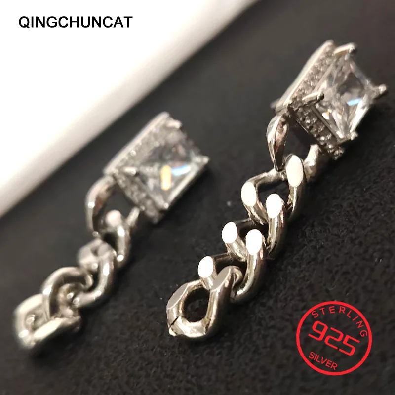 

Zircon Chain Stud Earrings Birthday 925 Sterling Silver Stylish Simple Rectangle Party Anniversary Gift 2026 New