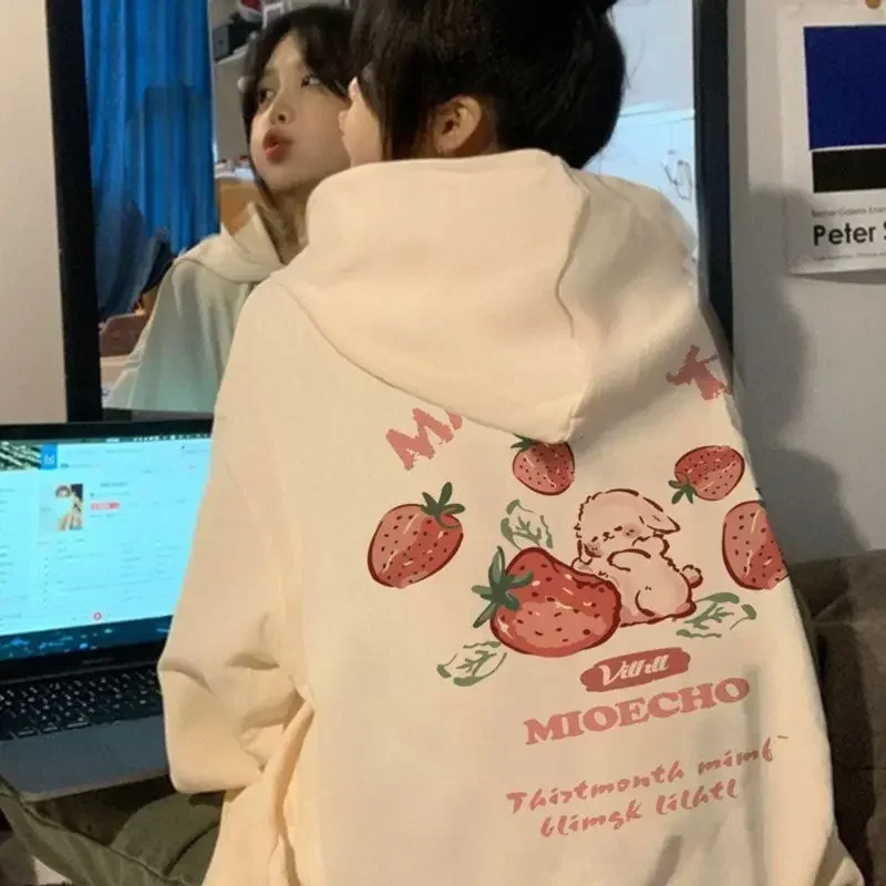 Korean Version Fun Strawberry Rabbit Pure Cotton Hooded Sweatshirt Women Creative Printing Loose Casual Autumn Pattern Jacket