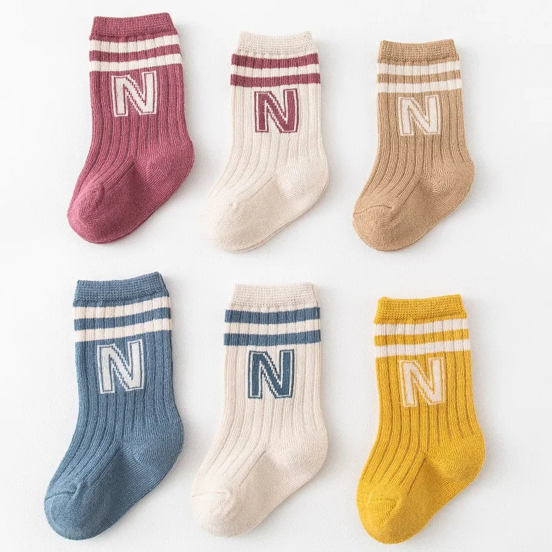 Korean Kids Knit Cute Fashion Letter High Long Socks Casual Baby Stitch White Floor Tube Stockings for Infant Toddler Boys Girls