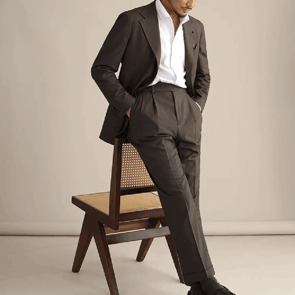 2023 New Men Suits 2 Pieces Slim Fit Casual Business Formal Brown Notch Lapel Tuxedos for Wedding Groomsmen (Blazer+Pants)
