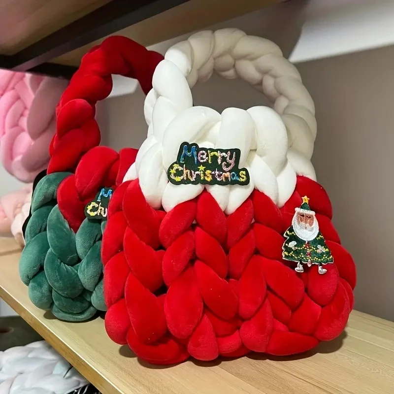 2023 DIY Christmas Bag Handmade Woven Velvet Fabric Strip Line Gift Bag Fashion Cute Christmas Handbag Gift Bag Xmas Decoration