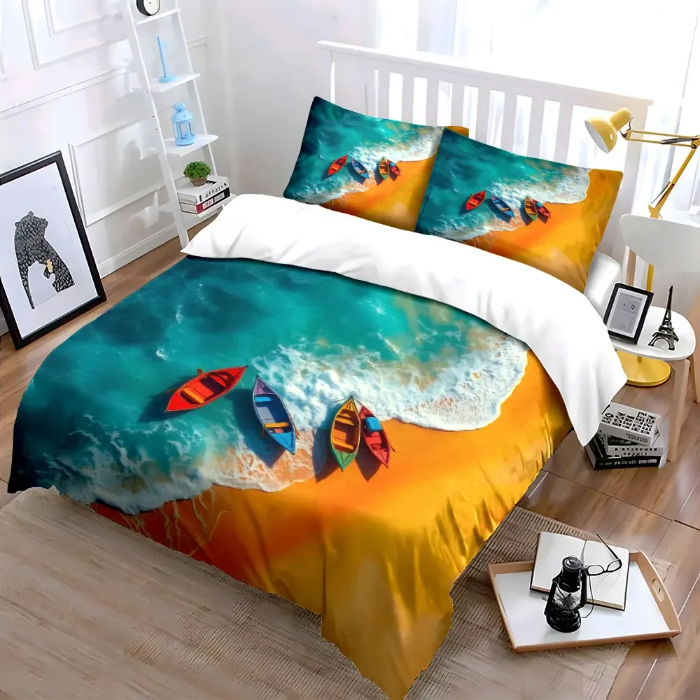 Colorful Boats Beach Decor Set Soft Comfortable Duvet Cover Bedding Set Included 1*Duvet Cover & 2*Pillowcases, gift