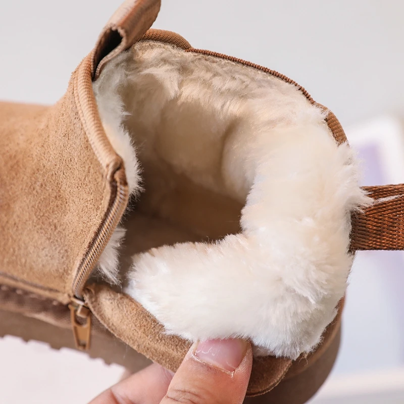 Botas de nieve antideslizantes para niños y niñas, zapatos cálidos de piel auténtica gruesa con cremallera sólida, de ante, para invierno, 2023