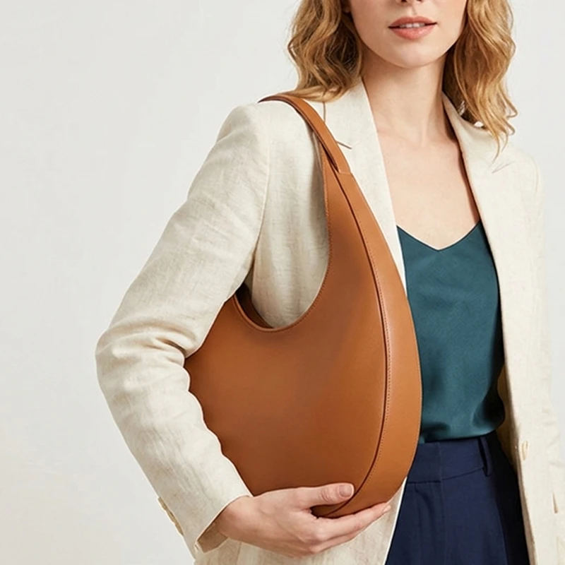 HIFASHION Genuine Leather Shoulder Bag For Women Retro Half Moon Hobo Underarm Purses Minimalist Cowhide Commuter Work Handbags