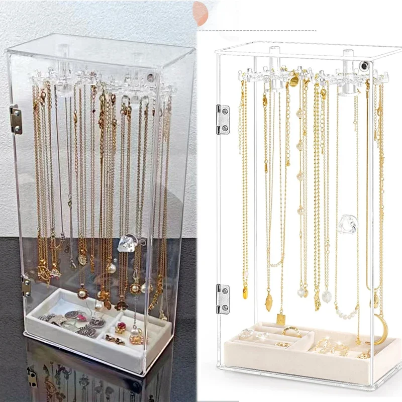 Long Necklace Holder with 24 Hooks - Acrylic Jewelry Organizer Necklaces Stand and Display Case - Jewelry Box for Chains