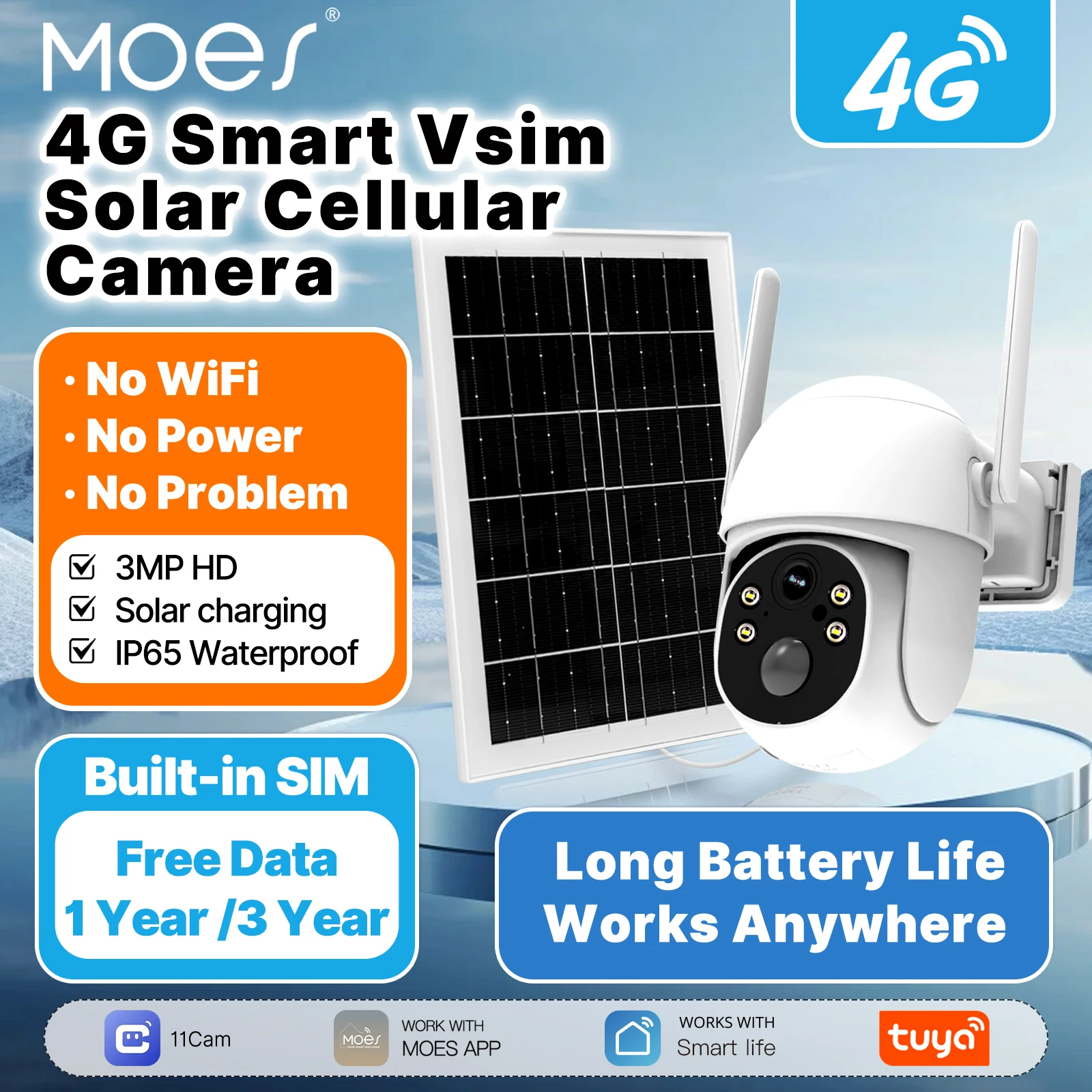 Tuya 4G Solar-Sicherheitskamera für den Außenbereich, kabellos, kein SIM-Karten-Einsatz erforderlich, 3MP HD, Bewegungserkennung, IP66 wasserdicht, Nachtsicht