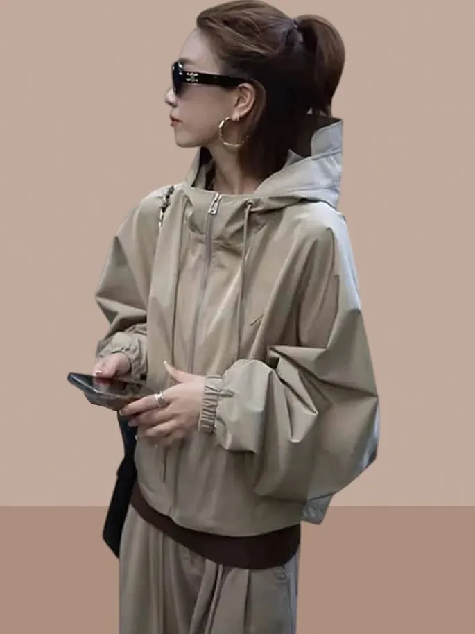 Stylish Short Women's Jacket Spring Autumn Fashionable Compact Size Top Coat Commute Style Loose Fit Long Sleeve Zipper Closure