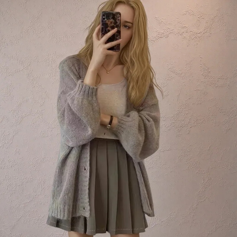 

Рукав-фонарик, однотонный свободный женский тонкий вязаный кардиган в стиле ретро, весенне-осенний повседневный корейский простой женский свитер с v-образным вырезом