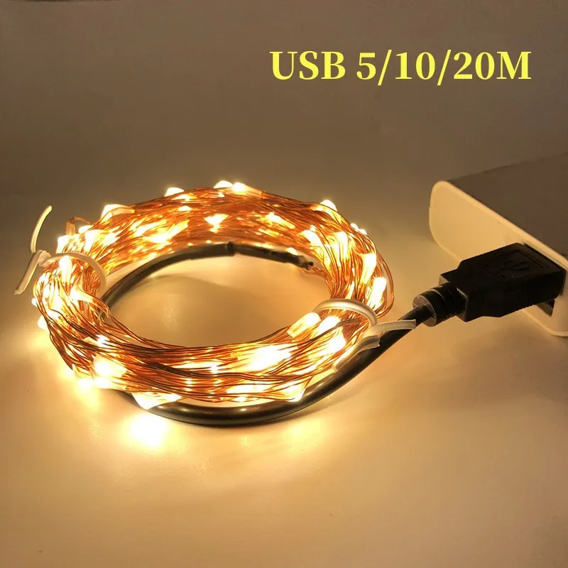 Cadena de iluminación USB de 2M, 5M, 10M y 20M, luces Led de colores para vacaciones, decoración de bodas y Navidad, cable de cobre USB blanco cálido