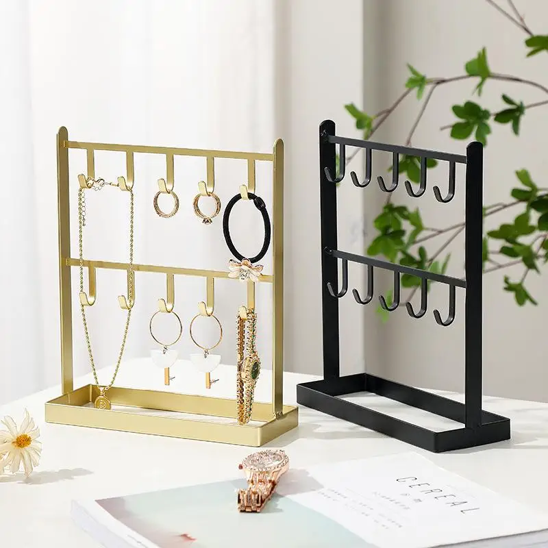 Metal Jewelry Display Stand 2 Tier Earring Necklace Holder Organizer Rack With Hooks And Tray