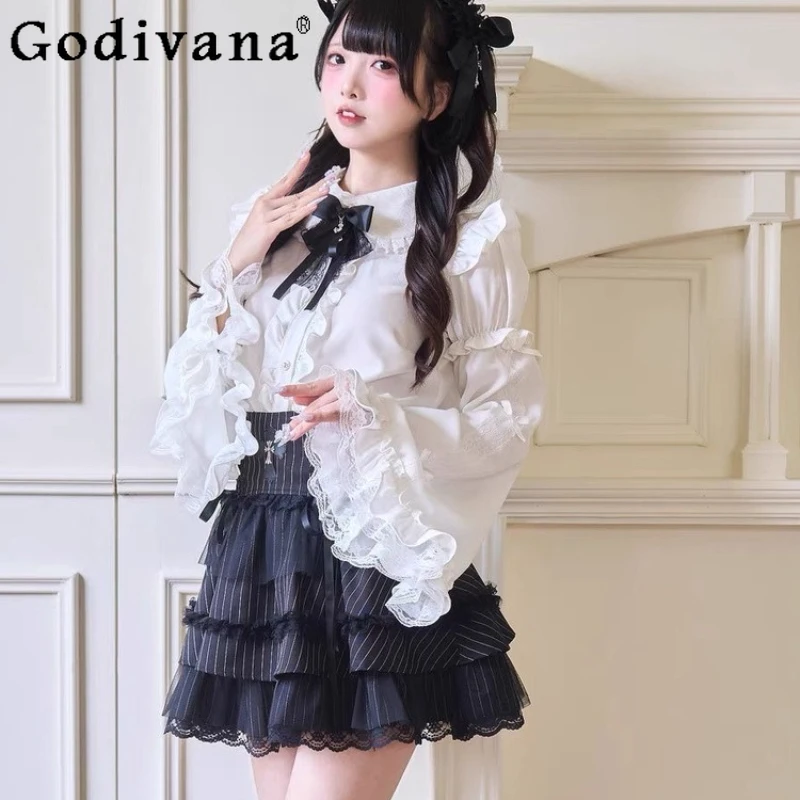 

Массовая готическая рубашка в стиле Лолиты, женская рубашка в японском стиле, повседневные кружевные блузки, женская милая рубашка с длинными рукавами, топ