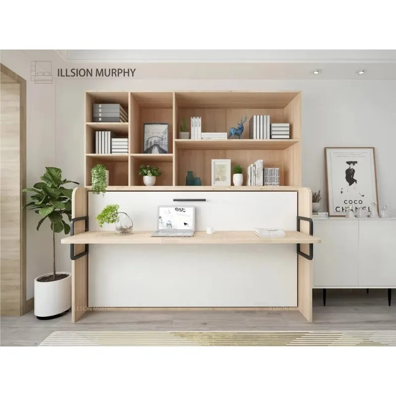 Modern White Adjustable Murphy Wall Bed Oak Wood Fold-Down With Metal Feature For Study Or Guest Room