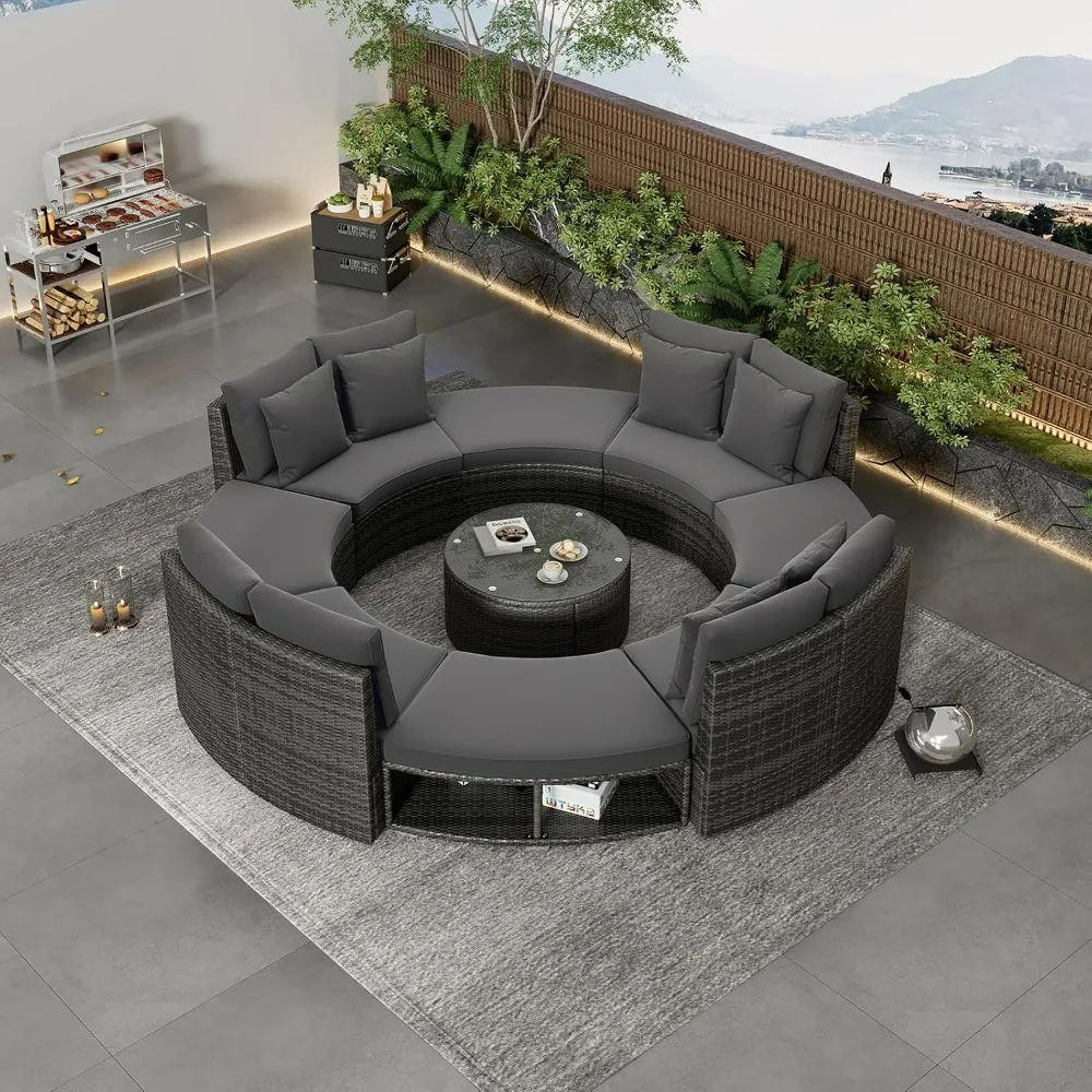 

9-Piece Patio Furniture Sets Wicker Furniture Set, Tempered Glass Coffee Table and 6 Pillows, Sectional Sofa Set Lounge Set